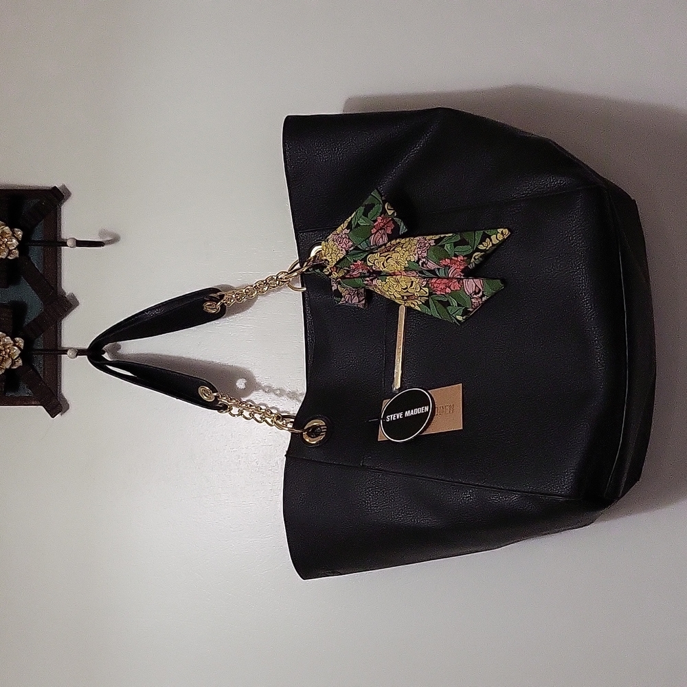 New Black Faux Leather Large Tote Bag W/zippered  Pouch